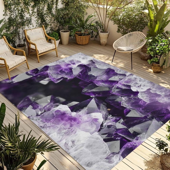 Purple Black Geometric Outdoor Rug for Patio/Deck/Porch, Non-Slip Large Area Rug 4 x 6 Ft, Modern Abstract Crystals Artwork Indoor Outdoor Rugs Washable Area Rugs, Camping Rug Carpet Runner