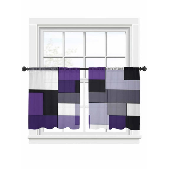 Purple Black Geometric Sheer Curtains for Living Room Bedroom, Light-filtering Sheer Curtain, Abstract Patchwork LigRod Pocket Voile Window Treatment Drapes, 52’’Wx54’’L, 2 Panels Set