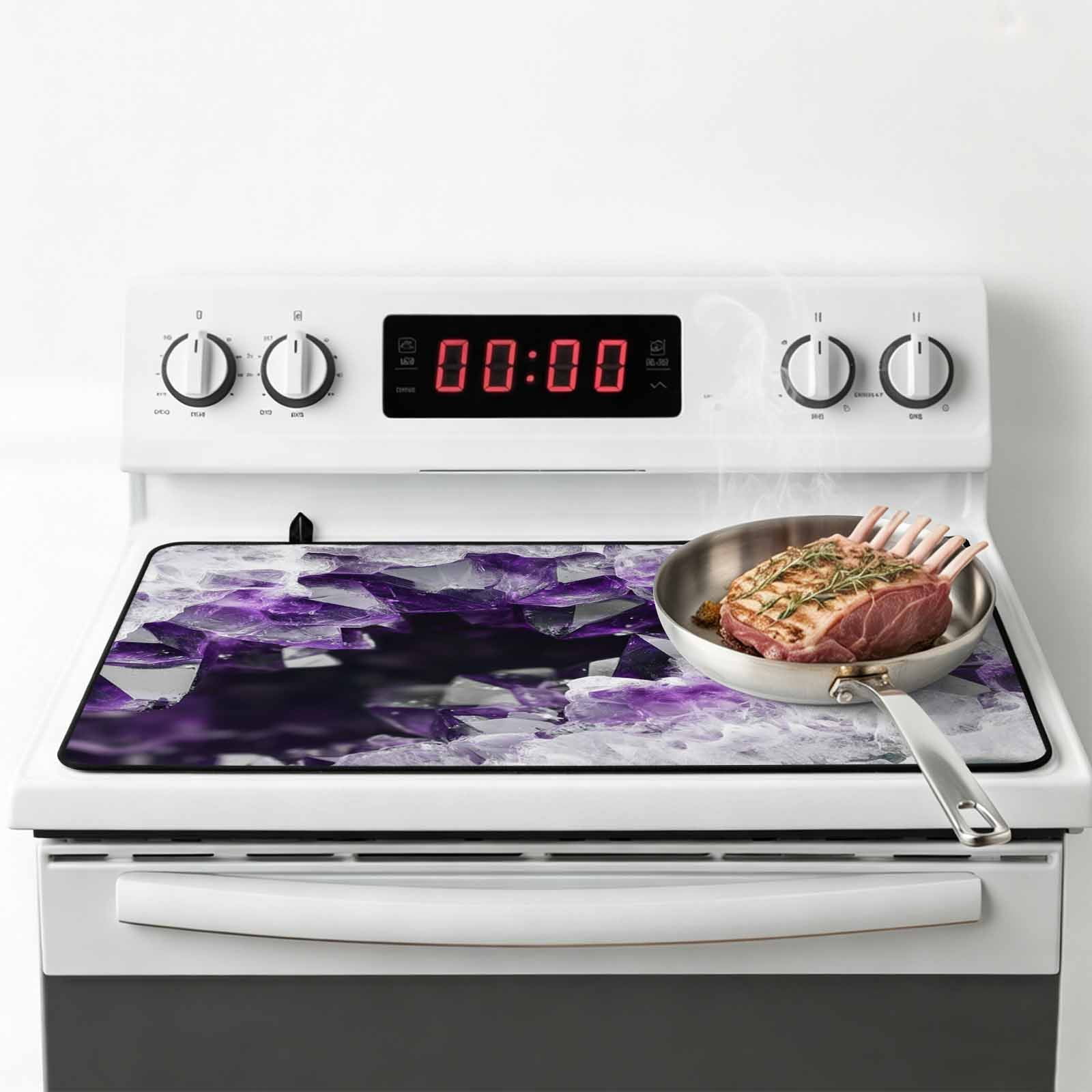 Purple Black Geometric Stove Top Cover for Electric Stove, Heat-proof & Non Slip Glass Top Stove Cover Protector, Modern Abstract Crystals Artwork Kitchen Flat Cooktop Rubber Mat 24x21 Inches