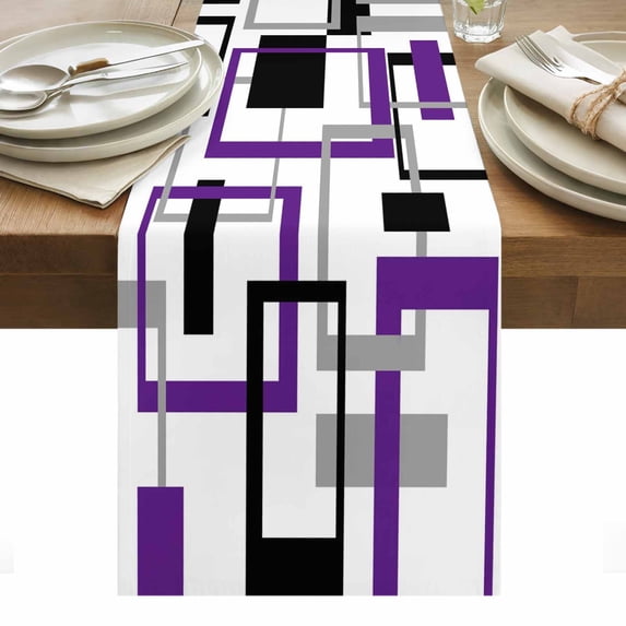Purple Black Geometric Table Runner - 60 Inch Long, Kitchen Dining Table Runner Dresser Scarves, Minimalist Stripes Abstract Art Farmhouse Decor for Coffee Tables Wedding Party Banquet
