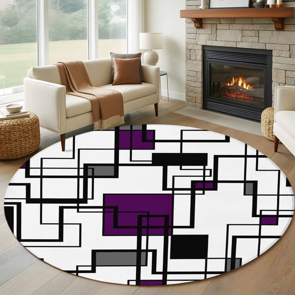Purple Black Gray 7ft Round Rug for Living Room Conversation Area, Abstract Geometric Stripes Squares Washable Non Slip Large Circle Area Rug