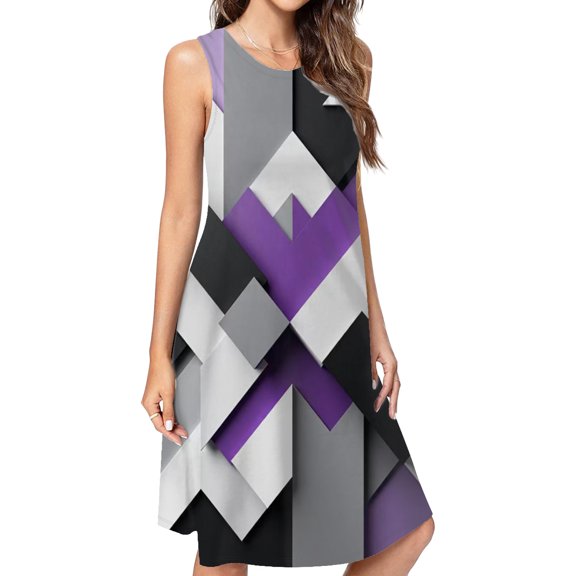 Purple Black Grey Abstract Casual Sleeveless Loose Sundress Dress For Women Summer Dress Daily Woman