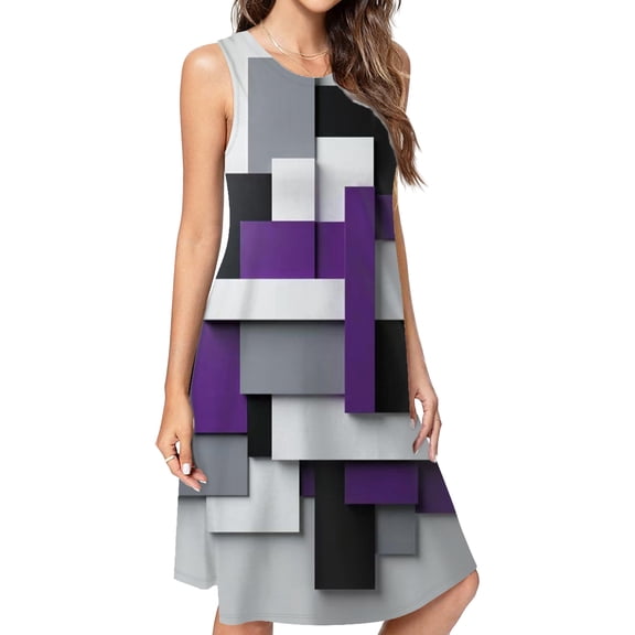 Purple Black Grey Abstract Geometric Art Spring Summer Dresses For Women Fashion Dress Casual Sleeveless Loose Sundress With Pockets
