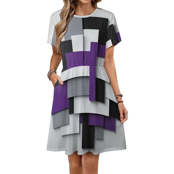 Purple Black Grey Abstract Geometric Art Sundress Short Sleeve Dress Summer Women Clothes Dress for Women Dresses