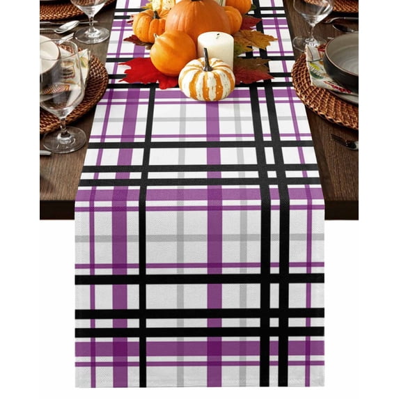 Purple Black Grey Plaid Table Runner-Cotton Linen- 120 Inch Holiday Dresser Scarves, Simple Check Stripes Lines Country Tablerunner for Kitchen Coffee/Dining Living Room Dinner Scarf Décor 13x120