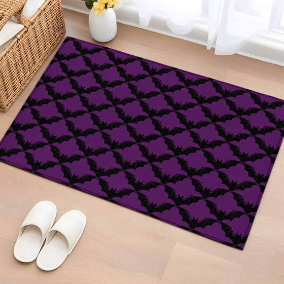 Purple Black Halloween Entryway Rug 2'x3' Non Slip Front Door Mats, Fall Spooky Horror Abstract Bats Entrance Rugs Indoor Outdoor Carpet, Washable Floor Mats Small Area Rug for Bedroom Kitchen