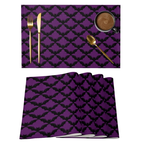 Purple Black Halloween Placemats Set of 2 Fall Spooky Horror Abstract Bats Place Mats Indoor Wipeable Table Mats Washable Cloth Dining Table Placemats for Kitchen Holiday Party Home Decor 13x19 Inch