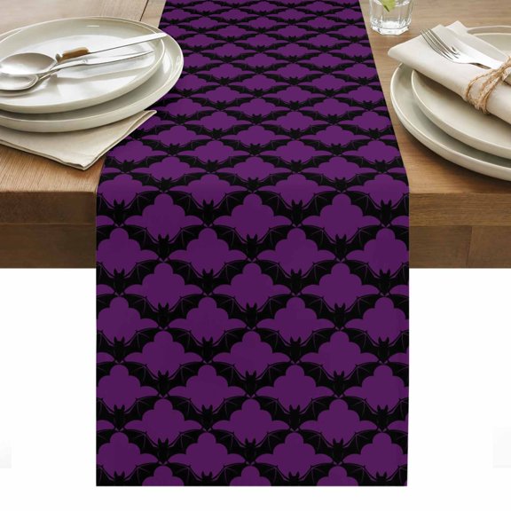 Purple Black Halloween Table Runner Fall Spooky Horror Abstract Bats Tablerunners 13 x 36 Inch, Table Decorations Tabletop Scarf for Summer Gathering Holiday Farmhouse Kitchen Dining Decor