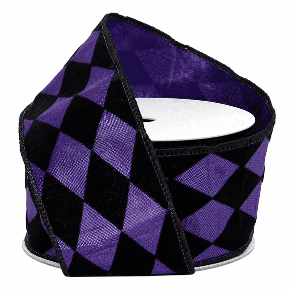 Purple Black Harlequin Wired Ribbon - 2 1/2" x 10 Yards, Halloween, Masquerade, Fall, Single Faced, Holiday Garland, Gift Wrap, Wreaths, Bows, Birthday, Carnival, Awareness Ribbon, Crafts, Mardi Gras