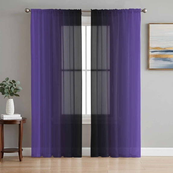 Purple Black Ombre Semi Sheer Window Curtains 96 Inches Long, Gradient Contemporary Abstract Art Rod Pocket Voile Silky Chiffon Curtain Light Filtering Drapes for Living Room, 52"x96", 2 Panels