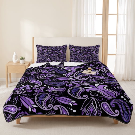 Purple Black Paisley 3 Pieces Quilt Set,1 Quilt with 2 Shams,Abstract Floral Geometric Bedspread Soft Lightweight Bedding Coverlet Comforter Set for All Season 96"x106"