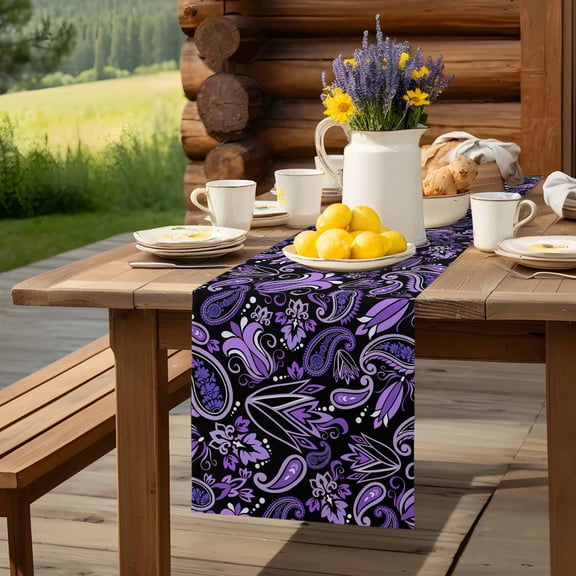 Purple Black Paisley Table Runner 13x36in Non-Slip Cotton Linen Table Runners, Abstract Floral Geometric Dresser Scarves TableRunner for Dinner Kitchen Dining Wedding Party