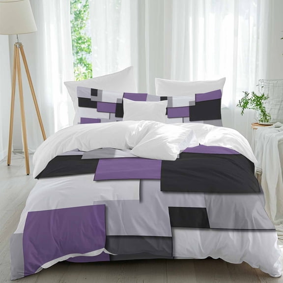Purple Black Patchwork 4 Piece Duvet Cover Set Queen Size Abstract Geometric Art Soft Bedding Set Comforter Cover, 1 Duvet Cover 1 Flat Sheets and 2 Pillowcases