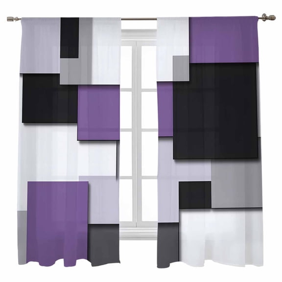 Purple Black Patchwork Sheer Curtains 63 inches Long 2 Panels Set Abstract Geometric Art Sheer Window Curtain Rod Pocket Voile Drapes for Living Room/Bedroom, Each 52" W x 63" L