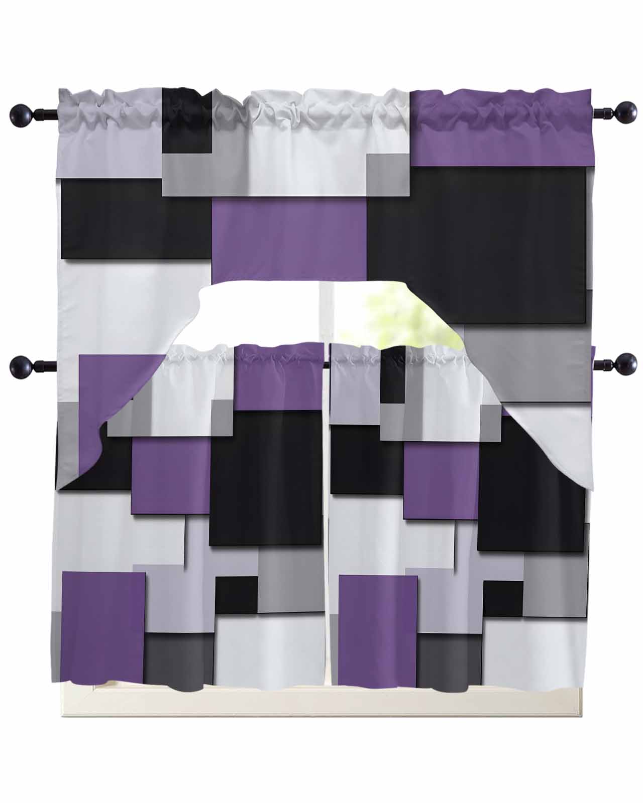 Patchwork Swags Purple Black Patchwork Swag Valance and Tier Curtains Set Abstract ...