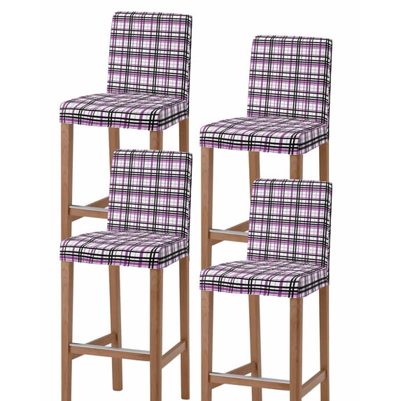 Purple Black Plaid Bar Stool Covers Set of 4, Farmhouse Purple Black Checkered Stretch Washable Bar Chair Covers with Backs, Removable Pub Counter Height Chair Cover for Kitchen Dining Room Cafe