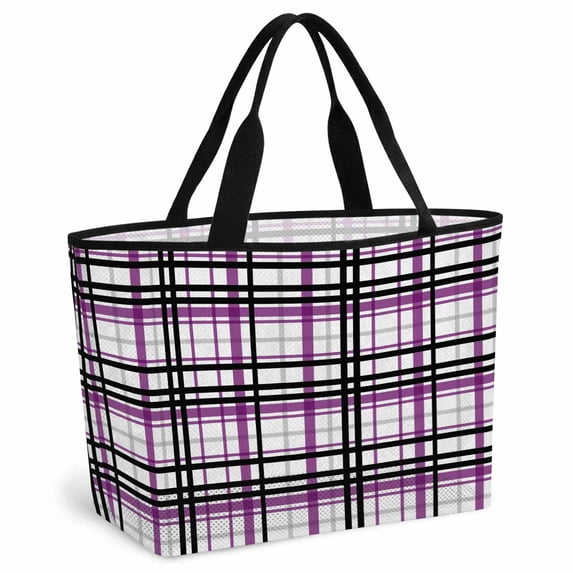 Purple Black Plaid Beach Bag for Women, Large Breathable Mesh Beach Tote Bag, Farmhouse Purple Black Checkered Sandproof Lightweight Travel Bags for Vacation Picnic Swimming Pool 15.7"x15.7"x9.1"