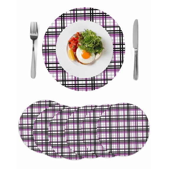 Purple Black Plaid Round 15 Inch Placemats Set of 6, Farmhouse Purple Black Checkered HeatResistant Non Slip Place Mats for Dining Table, Wipeable Braided Kitchen Table Mats for Housewarming