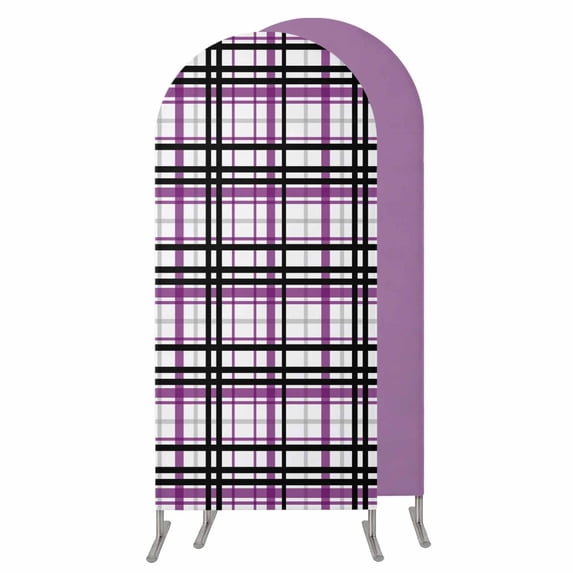 Purple Black Plaid Wedding Arch Cover, Stretchy Spandex Arch Backdrop Stand Covers 5 FT, Farmhouse Purple Black Checkered Round Top Arched Backdrop Cover for Birthday Party Ceremony Baby Shower Event