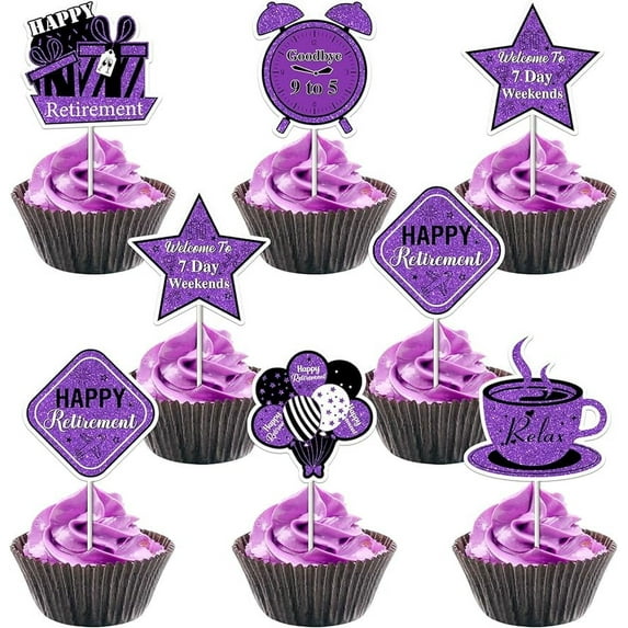 Purple and Black Retirement Decorations - 36PCS Retirement Cupcake Toppers, Retirement Party Decorations for Women, Happy Retirement Party Decorations, Retired Party Table Decorations