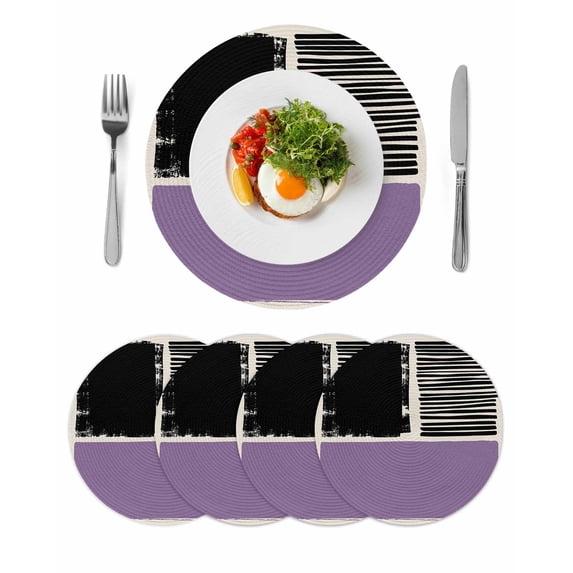 Purple Black Round 13 Inch Placemats Set of 4, Farmhouse Striped Modern Abstract Art HeatResistant Non Slip Place Mats for Dining Table, Wipeable Braided Kitchen Table Mats for Housewarming