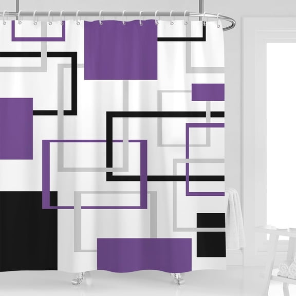 Purple Black Shower Curtain 72''''W x 72''''L White Grey Gray Geometric Cross Checkered Modern Geometry Minimalist Simple Men Neutral Design Polyester Waterproof 12 Pack Plastic Hooks