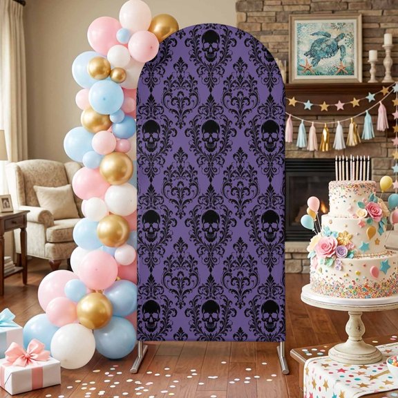 Purple Black Skulls Arch Backdrop Covers 4 FT, Mysterious Fantasy Abstract Floral Skeletons Stretchy Fitted Arched Stand Covers Party Arch Stand Cover Photo Booth for Wedding Birthday Decor