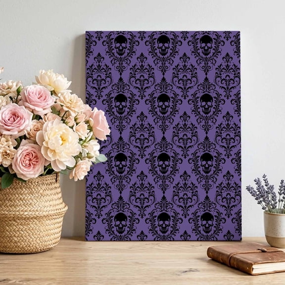 Purple Black Skulls Canvas Wall Art for Living Room, Mysterious Fantasy Abstract Floral Skeletons Poster Print Painting for Bedroom Office Home Decoration Wall Pictures Prepare To Hang 8"x12"