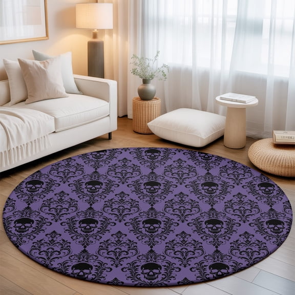 Purple Black Skulls Round Living Room Rugs 6 ft, Mysterious Fantasy Abstract Floral Skeletons Washable Area Rug with Non-Slip Sturdy Edge Binding Round Carpet for Kitchen Office Bedroom
