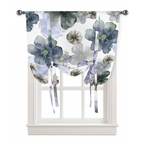 Purple Black Spring Floral Tie Up Curtains for Kitchen Bathroom Bedroom Windows 54 Inch Length, Watercolor Summer Botanical Balloon Drape Curtains Shade Rod Pocket Drapery Curtain Panel, 42"x63"