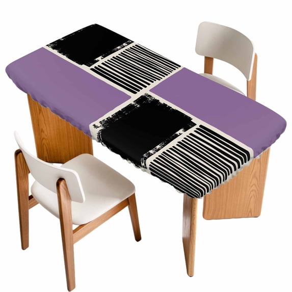 Purple Black Table Cloths for 4 Foot Rectangle Tables, Farmhouse Striped Modern Abstract Art Patio Waterproof Elastic Fitted Tablecloths, Washable Rectangular Table Cover for Camping