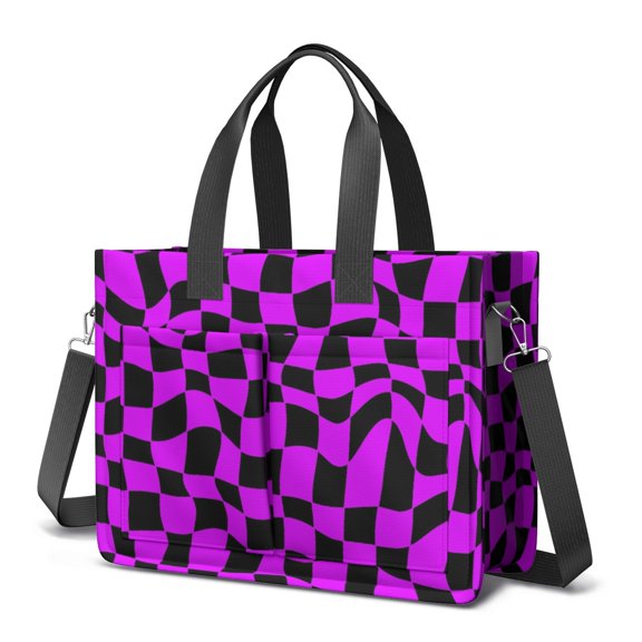 Purple and Black Wavy Checkered Canvas Messenger Tote Bag, Laptop Shoulder Bag with Multi Pockets & Removable Strap, Large Capacity Gifts for Women Men Teacher Nurse