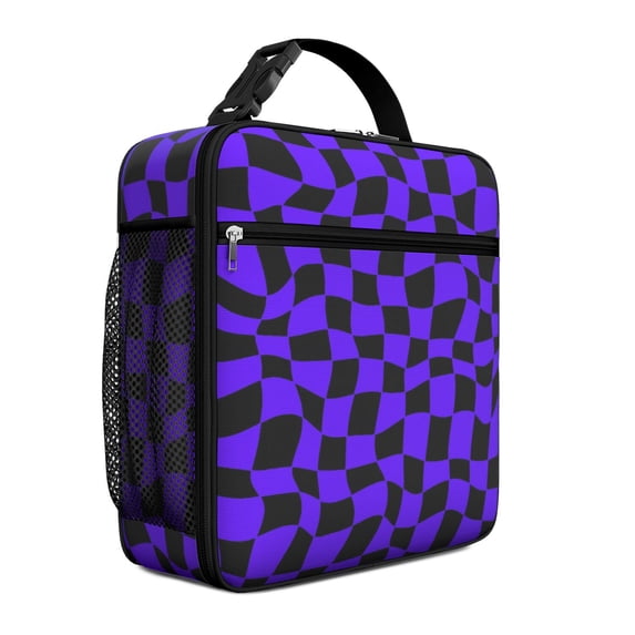 Purple and Black Wavy Checkered Pattern Insulated Lunch Bag Teens,Lunch Box for Men Women for Work,Picnic or Travel,10.2x9.5x4.3 Inches,8 Can Capacity