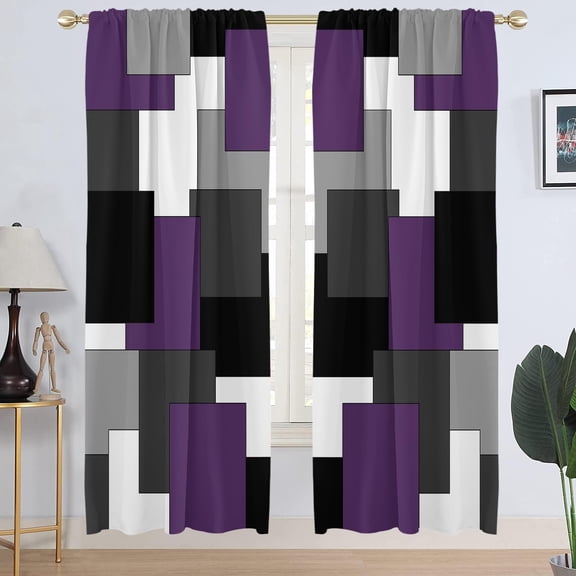 Purple and Black Window Curtain Grey Gray White Abstract Geometric Women Girls Minimalist Art Mid Long Living Room Bedroom Drapes Treatment Fabric 1 Pair Home Decor, 42" W x 84" L, Modern