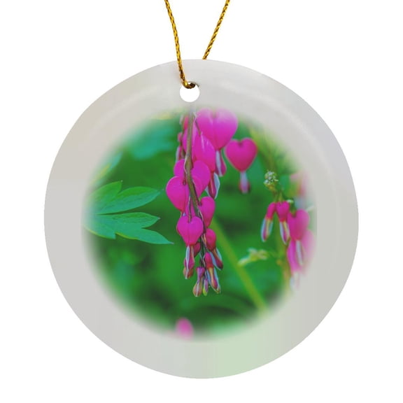 3drose, Purple Bleeding Heart Flowers, Green Background. Frontal View, Circle Porcelain Ornament