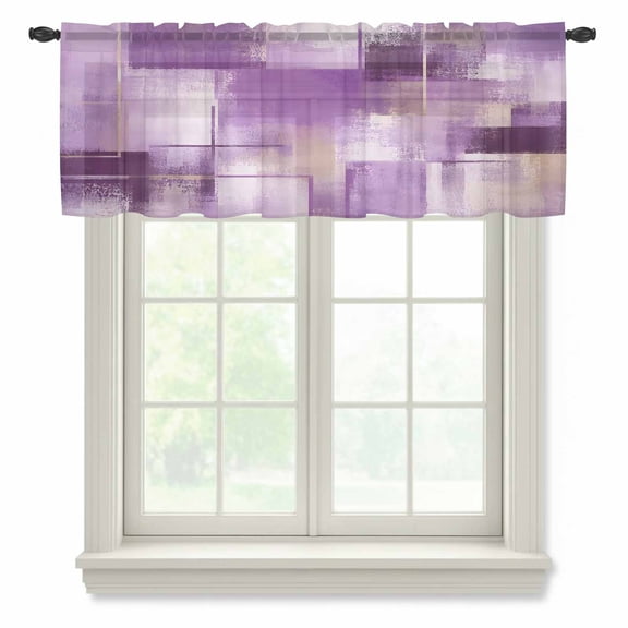 Purple Block Sheer Curtain 18 Inch Long Abstract Minimalist Lavender Wash Watercolor Drop Light Filtering Rod Pocket Voile Curtain Valance for Bedroom Kitchen Cafe Window 54" W x 18" L