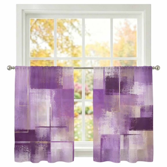 Purple Block Sheer Curtains 54 Inches Long 2 Panels, Abstract Minimalist Lavender Wash Watercolor Drop Semi Sheer Rod Pocket Window Curtains Light Filtering Drapes for Living Room Bedroom