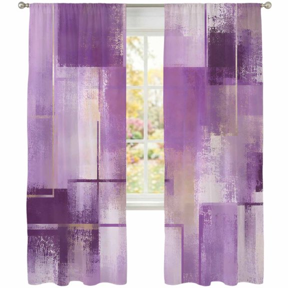 Purple Block Sheer Curtains 84 Inches Long 2 Panels, Abstract Minimalist Lavender Wash Watercolor Drop Semi Sheer Rod Pocket Window Curtains Light Filtering Drapes for Living Room Bedroom
