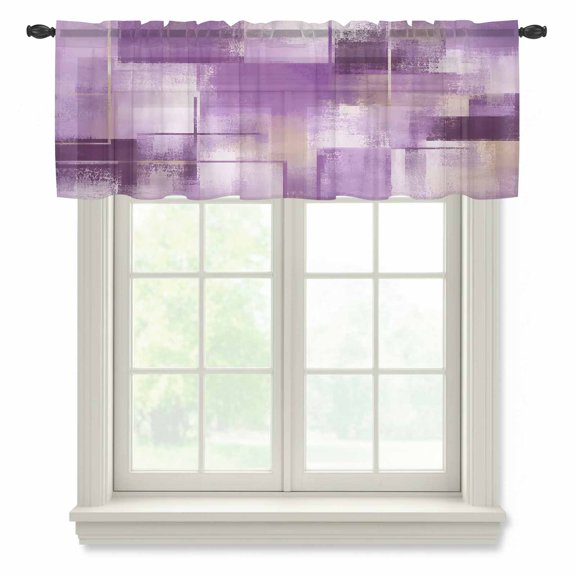 Purple Block Sheer Valances for Windows, Abstract Minimalist Lavender Wash Watercolor Drop Semi Sheer Kitchen Valance Rod Pocket Small Voile Window Curtains for Living Room Bedroom 42 x 12 Inch