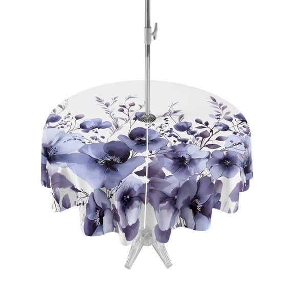 Purple Blooms Floral Outdoor Tablecloth - 60 Inch Round Dining Table Cover, Farmhouse Spring Flowers Botanical Waterproof Outdoor Table Cloth with Umbrella Hole & Zipper for Picnic/Patio/Party
