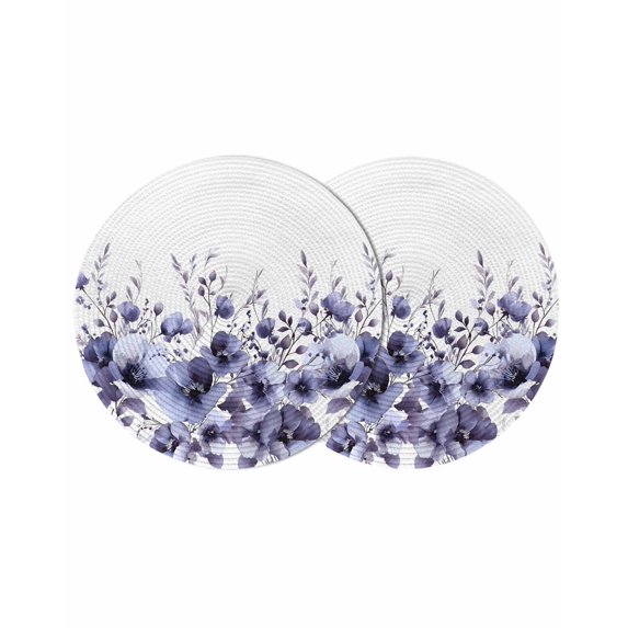 Purple Blooms Floral Round 13 Inch Placemats Set of 2, Farmhouse Spring Flowers Botanical HeatResistant Non Slip Place Mats for Dining Table, Wipeable Braided Kitchen Table Mats for Housewarming