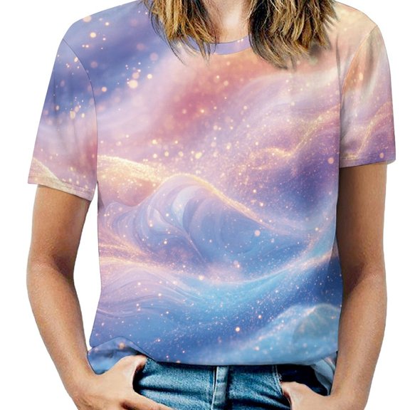 Purple Blue And Gold Wave Women's Short Sleeve T-Shirt Crew Neck Casual Summer Trendy Loose Fit Tops