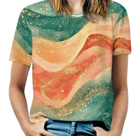 Purple Blue And Gold Wave Women's Short Sleeve T-Shirt Crew Neck Casual Summer Trendy Loose Fit Tops
