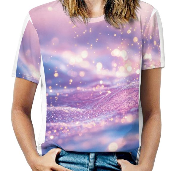 Purple Blue And Gold Wave Women's Short Sleeve T-Shirt Crew Neck Casual Summer Trendy Loose Fit Tops