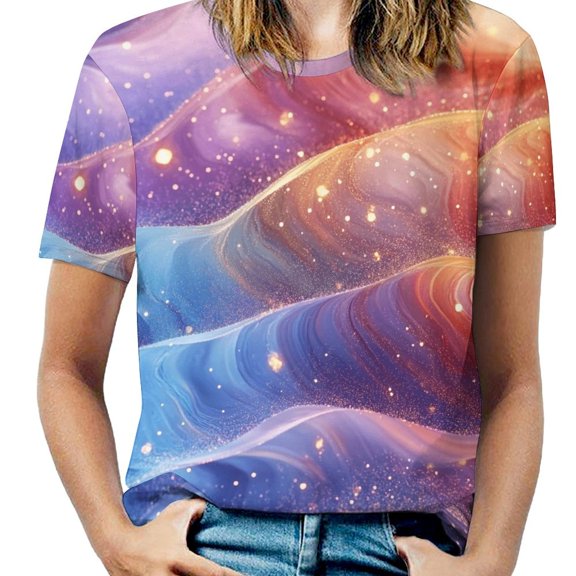 Purple Blue And Gold Wave Women's Short Sleeve T-Shirt Crew Neck Casual Summer Trendy Loose Fit Tops