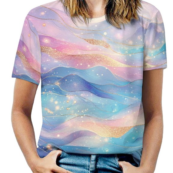 Purple Blue And Gold Wave Women's Short Sleeve Tops Casual Blouses T Shirt