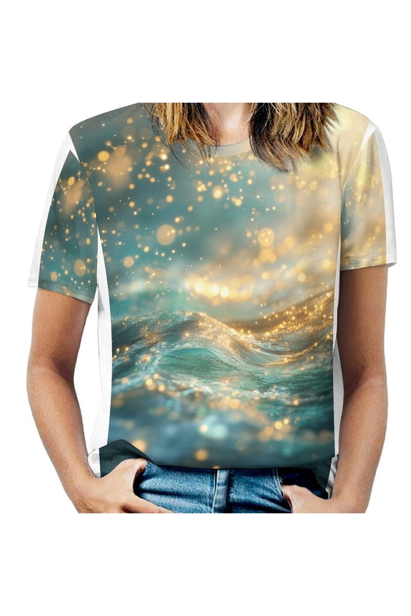 Purple Blue And Gold Wave Womens Tops Women's Fashion Casual Short Sleeve Flower Print Round Neck Pullover Top Blouse