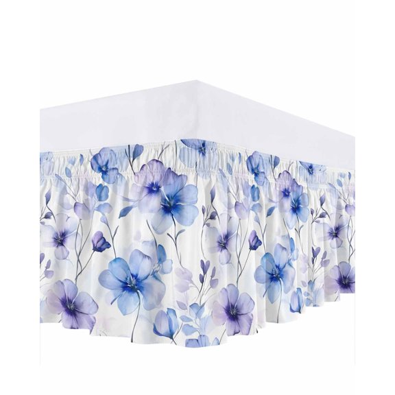 Purple Blue Bed Skirt California King Size 18" Drop Gradient Flowers Pansy Watercolor Botanical Ruffled Wrap Around Bed Skirts Adjustable Elastic Bedskirt Dust Ruffle for California King Size Bed