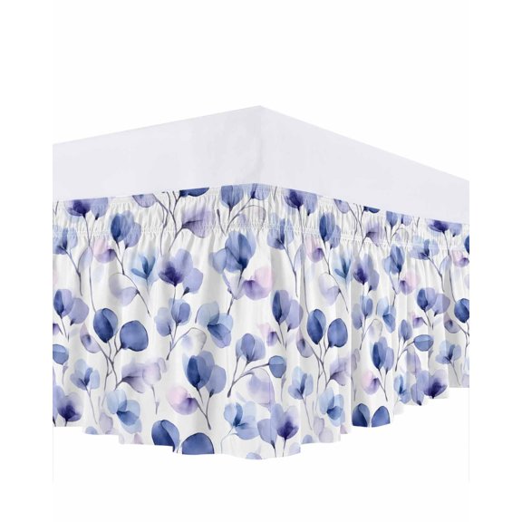 Purple Blue Bed Skirt California King Size 18" Drop Pansy Watercolor Gradient Flowers Botanical Ruffled Wrap Around Bed Skirts Adjustable Elastic Bedskirt Dust Ruffle for California King Size Bed