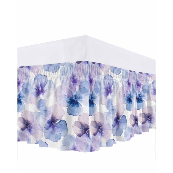 Purple Blue Bed Skirt Pansy Flowers Abstract Watercolor Ombre Petals Bed Skirts King Size 18 Inch Drop, Wrap Around Dust Ruffle Bedskirt with Adjustable Elastic Belt for Queen Size Beds